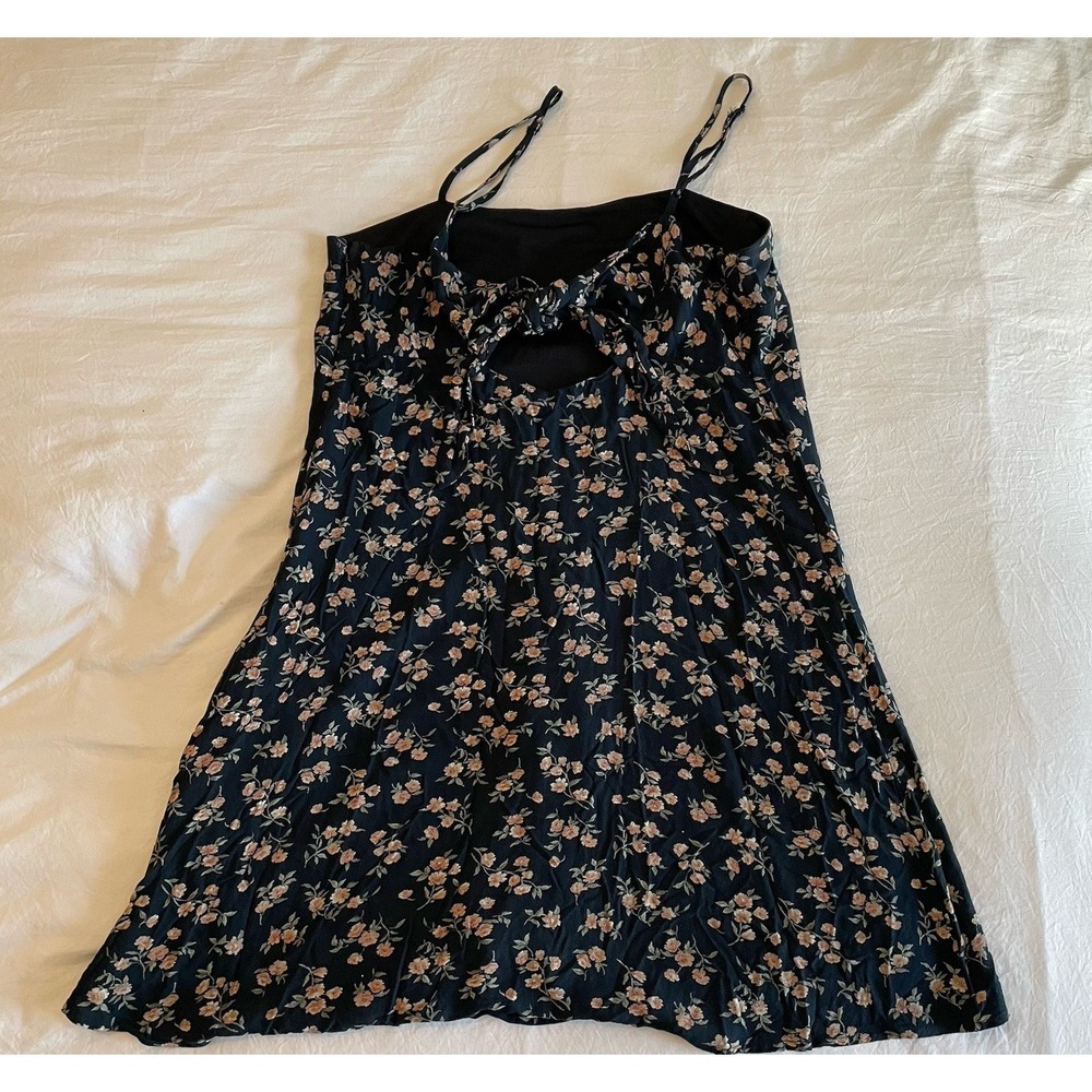 American Eagle Black Floral Mini Slip Dress Medium Tie Back Cottagecore Coquette - Picture 2 of 11